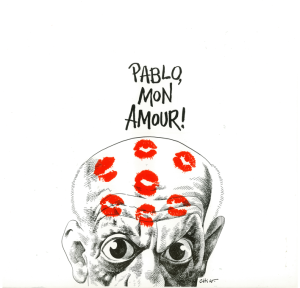 Dessin de Chico Caruso représentant la caricature du crâne de Pablo Picasso couvert de baisers rouges