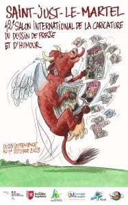 Affiche du 42ème Salon International de la Caricature, du Dessin de Presse et d'Humour de Saint-Just-le-Martel - Dessin de Pierre Ballouhey - Une jolie vache limousine, affublée de deux ailes d'ange blanches, s'envole dans les airs depuis Sain-Just-le-Marel. D'un air malicieux, elle tire la langue en récupérant au vol différents journaux, magazines et autres parutions.