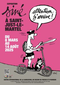 Affiche de l'exposition intitulée "Attends j'arrive" consacrée au dessinateur Siné.